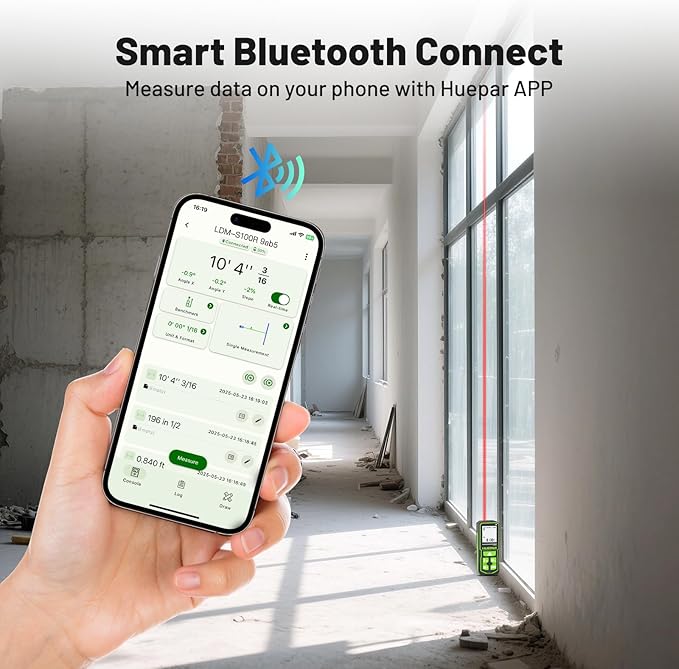 Laser Distance Measure 330Ft. Huepar Digital Rechargeable Laser Measuring Tool with Bluetooth -Phone APP, Angle Sensor, 1/16in Accuracy, M/in/Ft Unit, Pythagorean Mode, Measure Distance, Area, Volume