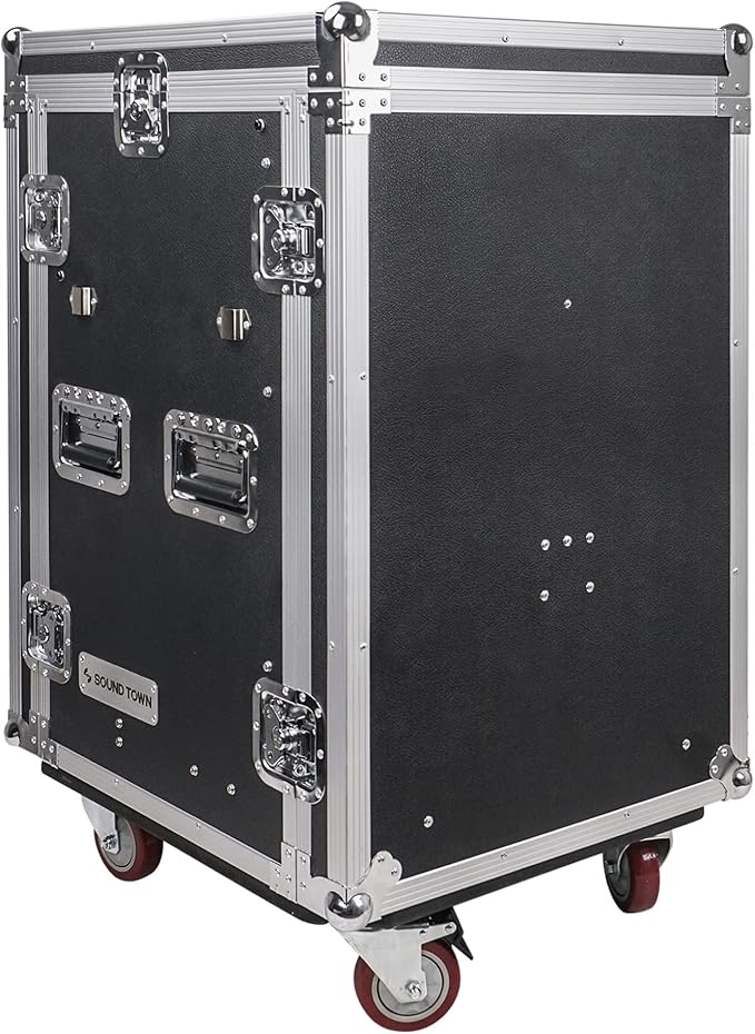 Sound Town 16U PA DJ Pro Audio Rack/Road ATA Case with 2U Drawer, 11U Slant Mixer Top, Two DJ Work Tables, Casters, Pro Tour Grade (MR-DR16UT2)