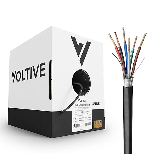Voltive 18/6 Shielded Low Voltage Wire, Riser CL3R, Black, 500ft - 18AWG, 6 Conductors, Overall Shield, Stranded Bare Copper, UL Listed - V-1256-2