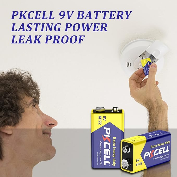 PKCELL 9V Batteries, 10 Pack 9 Volt Batteries Carbon Zinc, 9V Battery for Smoke Detector, Alarms, 6F22 Square Battery