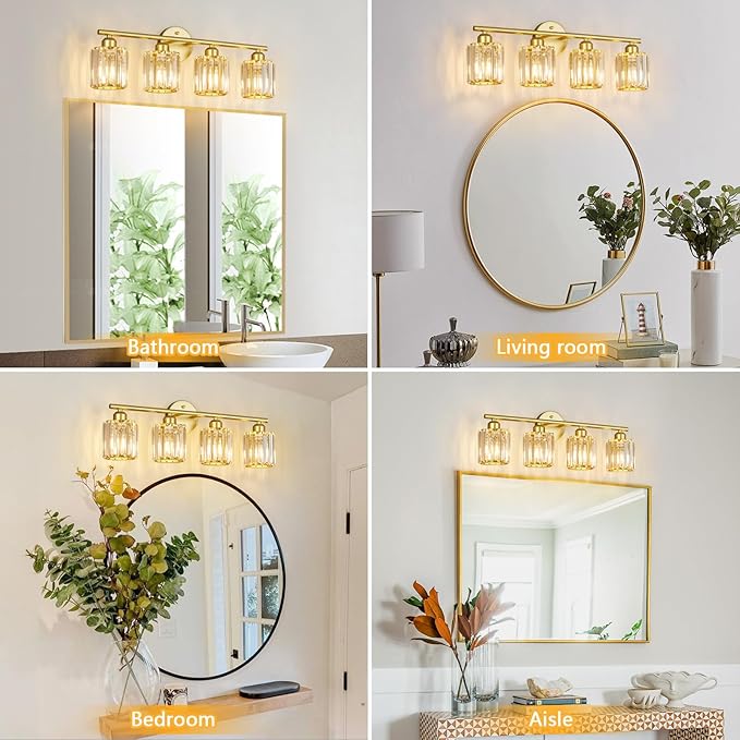 FDPBY Modern 4 Light Crystal Vanity Light, Gold Vertical Bathroom Light Fixture Over Mirror for Dressing Table Sink, Compatible with Dimmable Bulbs (Bulbs Not Included)