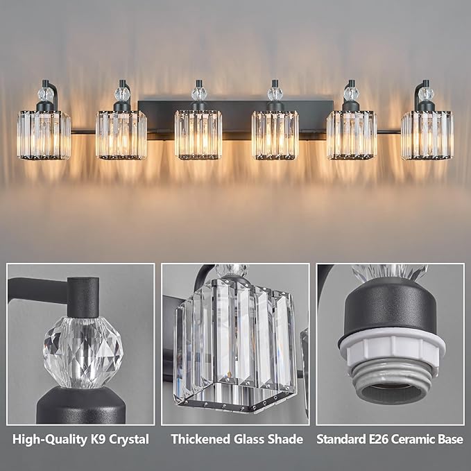 BBLLWJ 6 Light Bathroom Vanity Light Modern Black Vanity Light Fixtures Bathroom Light Fixtures Over Mirror Crystal Vanity Lighting Fixtures