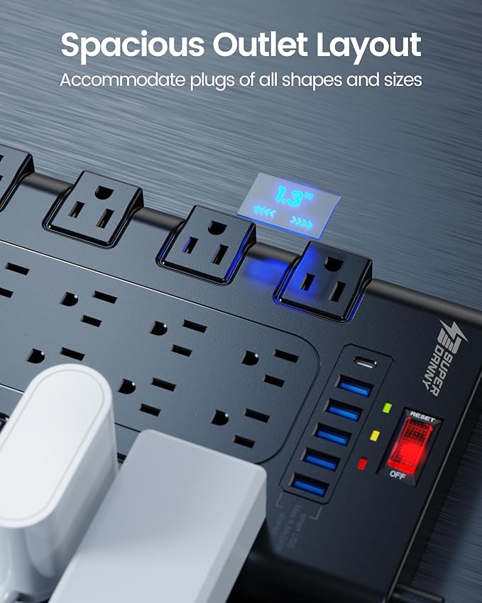 Flat Plug Power Strip, SUPERDANNY Surge Protector with 22 AC Outlets and 6 USB Charging Ports, 1875W/15A, 2100 Joules, 6.5Ft Heavy Duty Extension Cord for Home Office, Dorm, Gaming Room, Black