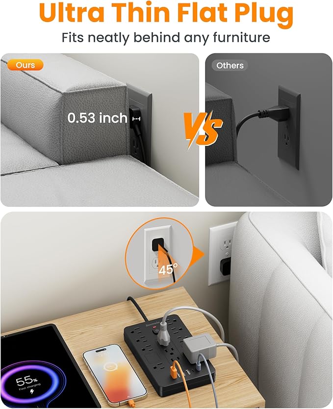 Bawmwim Surge Protector Power Strip - 11 Outlets(1850W/15A) with 6 USB Ports(2 USB C), 6FT Flat Plug Extension Cord, Wall Mount, Black, ETL Listed for Home, Dorm Room