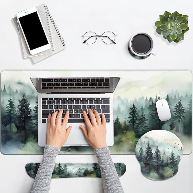 Britimes Green Ink Style Mountain Forest Keyboard Mouse Pad Set 4in1 Large Mousepad+Keyboard Wrist Rest+Mouse Wrist Rest+Coaster Set with Ergonomic Design for Home Office Computer 35.4x15.7 inches