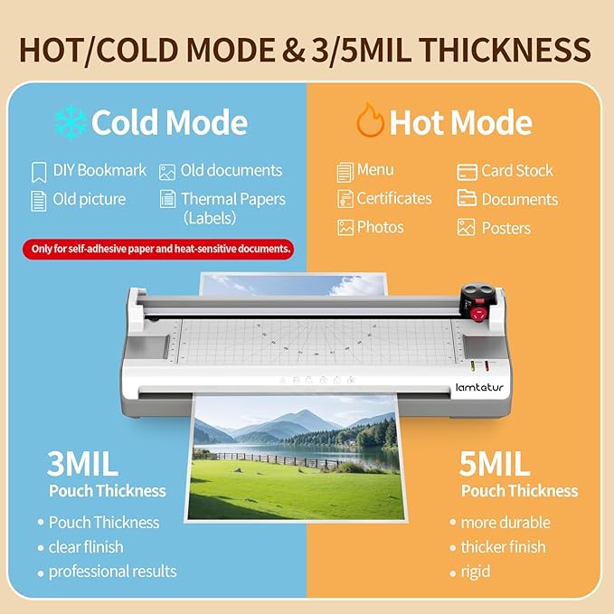 Laminator Machine 13Inch Wide with 120 Letter Size Laminating Sheets for A3/A4/A6,11X17 Thermal Hot&Cold 2 Roller Laminated 3-5Mil with Paper Cutter, Corner Rounder for Office Home School Teacher Use