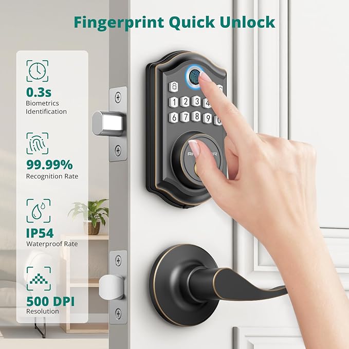 AkaGear DS10 Keyless Entry Door Lock with Handle - 2 Lever Handles, Fingerprint Door Lock, Keypad Deadbolt, 2 Keys, Code, Smart Locks for Front Door, Auto-Lock, Easy Installation - Oil Rubbed Bronze