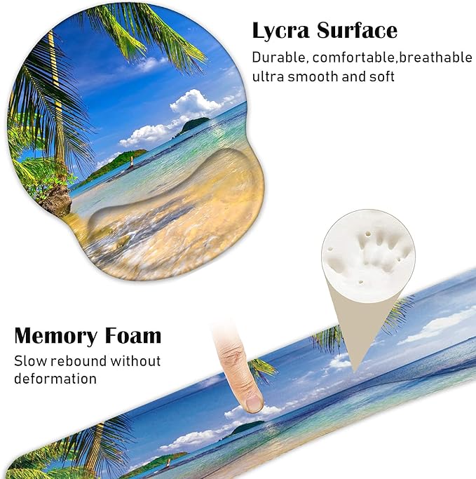 Keyboard Wrist Rest and Mouse Pad Wrist Support Set with Coasters, Non-Slip PU Base Ergonomic Gaming Mousepad for Home Office Working Studying Easy Typing & Pain Relief, Shore Palms Tropical Beach