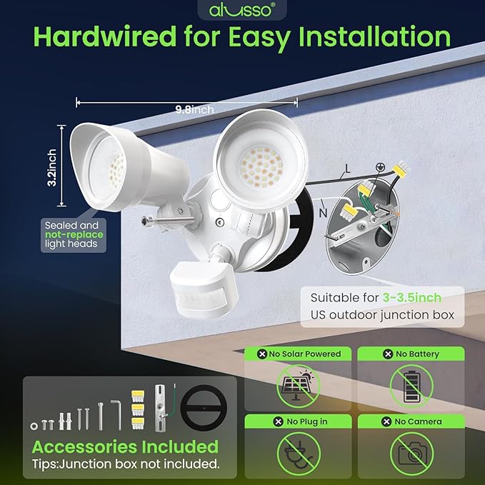 ALUSSO Motion Sensor Outdoor Lights, 30W 3500LM Flood Lights Outdoor, 3 Modes (Dusk to Dawn/Auto/On Time), 3CCT 3000K/4000K/6500K Waterproof Hardwired ETL Listed, Porch Garage Flood Light, White 1PC