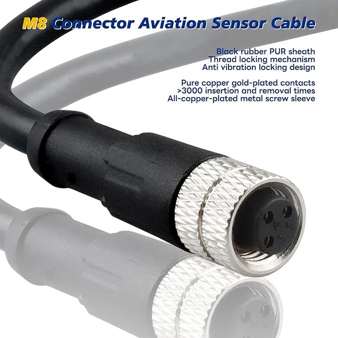 Lonlonty M8 Cable 3 Pin 6.5Ft/2M Female A Coding Circular Connector Cable Shielded IP67 Waterproof Single End Cable A Code