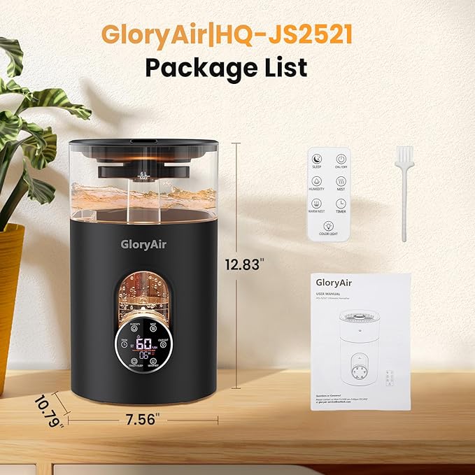 Warm & Cool Mist Humidifier - GloryAir Black 6L Quiet Top Fill Humidifiers for Bedroom Large Room with Smart Humidity Control, Remote Control, 7-Color Light, Humidistat, Oil Diffuser for Baby & Plants