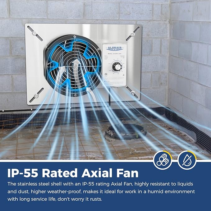 ALORAIR 260 CFM Stainless Steel Crawl Space Vent Fan - Air Out Crawlspace Ventilation Fan with Humidistat Dehumidistat, IP55 Exhaust with Isolation Mesh for Foundation Basements Garage Attic