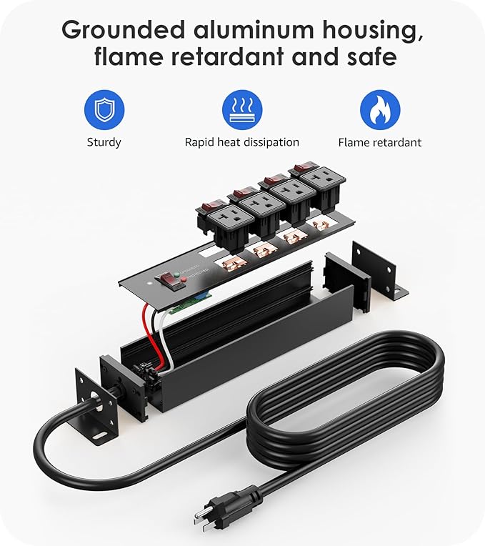 CCCEI Heavy Duty Surge Protector Power Strip 20 Amp Individual Switches. 25FT 12 Gauge Extension Cord with Multiple Outlets. Kitchen, Garage, Shop, Industrial Wall Mount Electric Extender, Black.