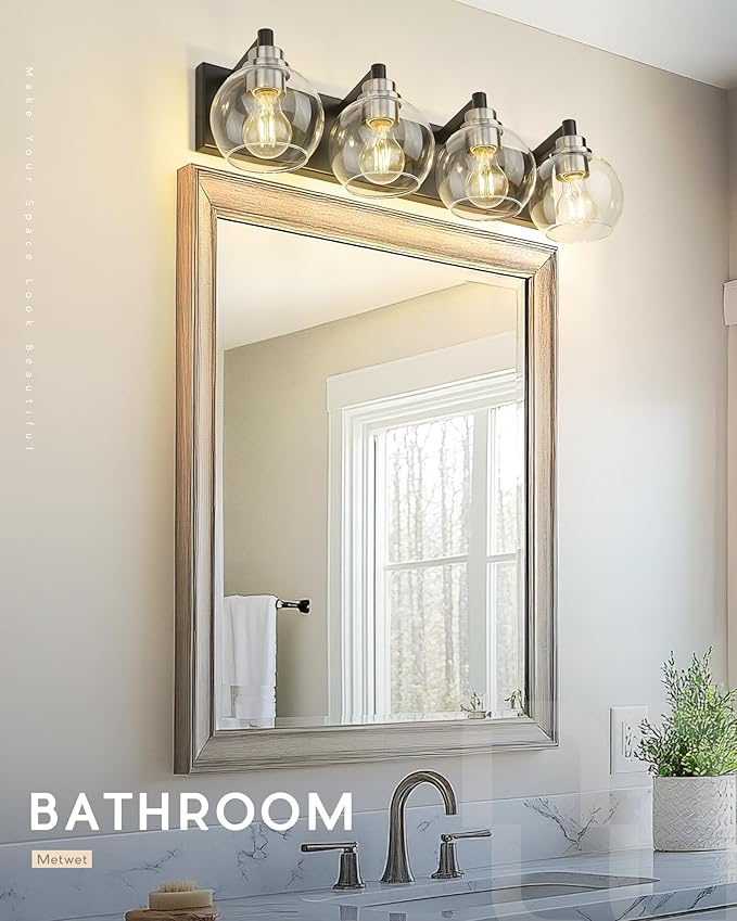 METWET Bathroom Light Fixtures, 4-Light Black and Brushed Nickel Bathroom Vanity Light, 26 Inch Modern Wall Sconces with Globe Clear Glass Shade, Vanity Lighting Fixtures Over Mirror, VL195-KN-4