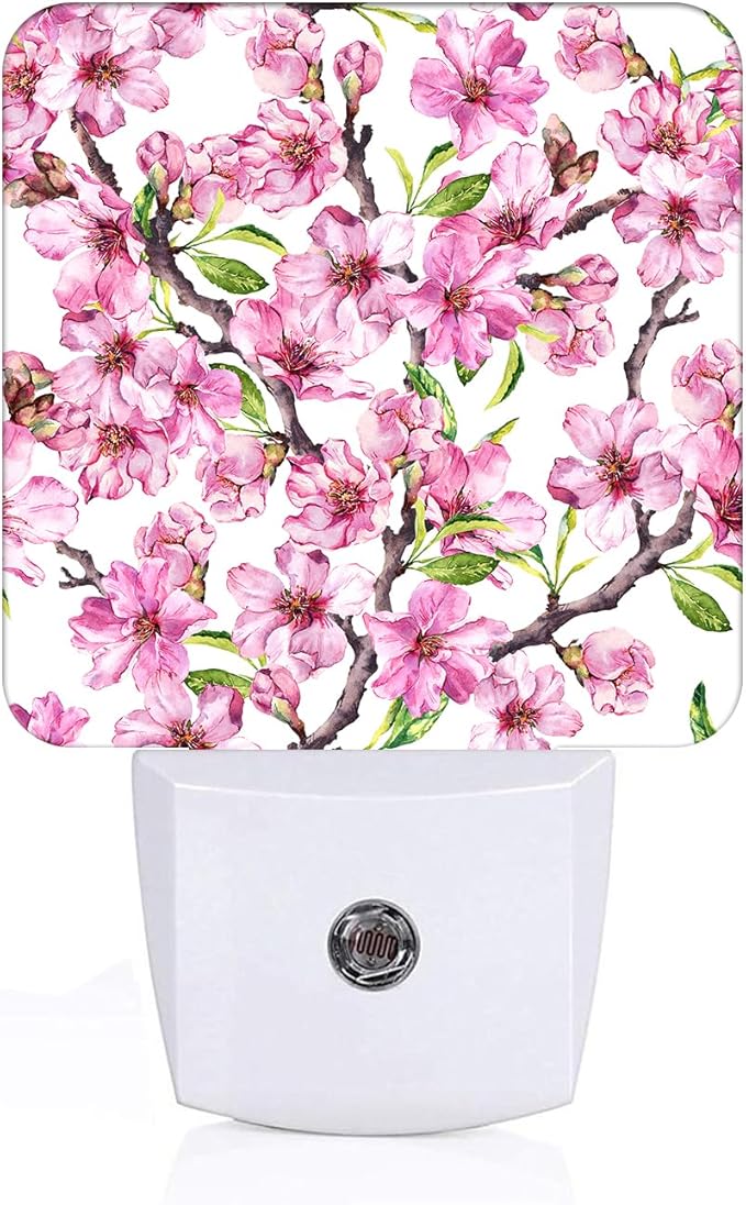 FSHVQKD Spring Flowers Blossom Night Light,Plug Into Wall for Boys Girls Bedroom Decorative Square Night Light Lamp 0.5w Sleep Friendly