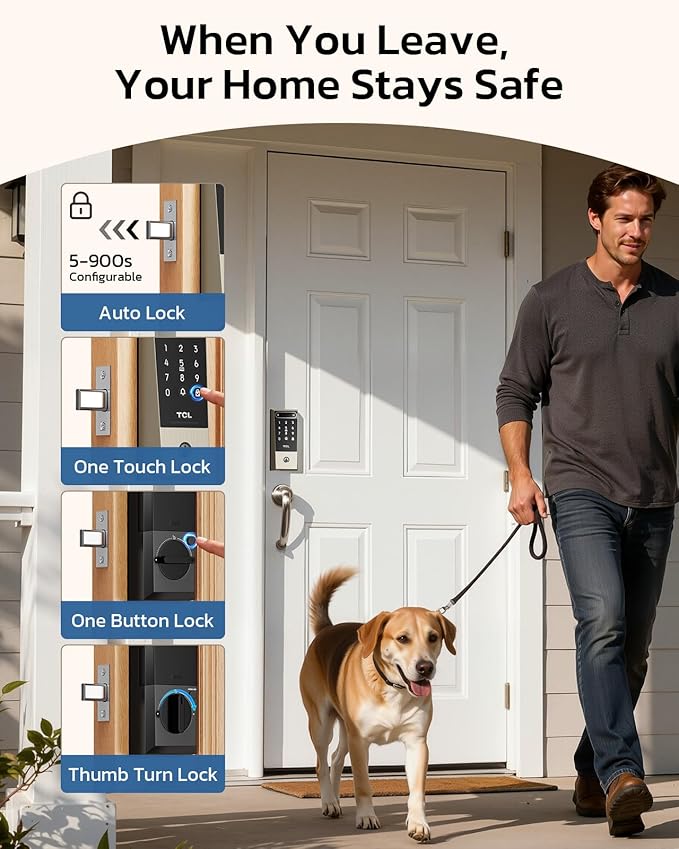 TCL D2 Pro Smart Lock with Palm Vein Recognition, 10000mAh Rechargeable Battery & Wi-Fi, Keyless Entry Door Lock, IP55 Weatherproof, Built-in Doorbell, Auto Lock, Brushed Nickel