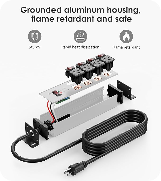 CCCEI Heavy Duty Surge Protector Power Strip 20 Amp Individual Switches. 4FT 12 Gauge Extension Cord with Multiple Outlets. Kitchen, Garage, Shop, Industrial Wall Mount Electric Extender, Grey.