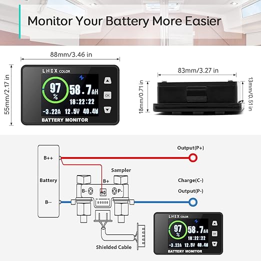 LNEX 500A Shunt Battery Monitor, 2.4" Color Screen RV Monitor with 16ft Shielded Wire, Support High Low Voltage Programmable Alarm for 8-100V Lifepo4, Lithium Sealed, Gel, Flooded Battery
