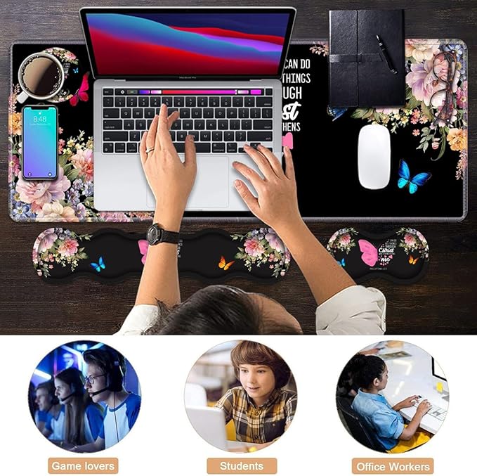 Ergonomic Keyboard Wrist Rest & Mouse Pad Wrist Rest Set, Butterfly Quote Bible Verse Philippians 4-13 Large XXL Gaming Desk Mat 31.5"x 11.8" with Non-Slip Base, Memory Foam for Home Office Study Game