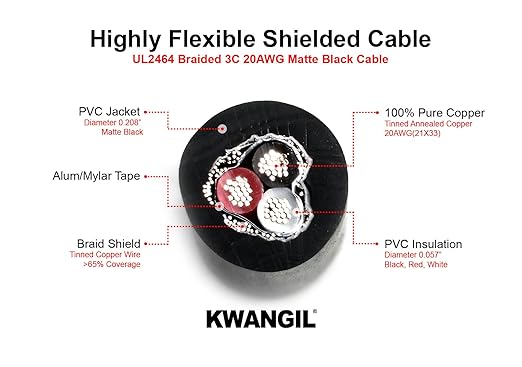 KWANGIL 3C 20AWG AMSB Shielded Cable Wire (UL2464) - Highly Flexible Str TC, PVC Ins, OS+TC BRD, PVC JKT for CNC Machine, Stepper Motor, VFD Spindle (Matte Black 25FT)