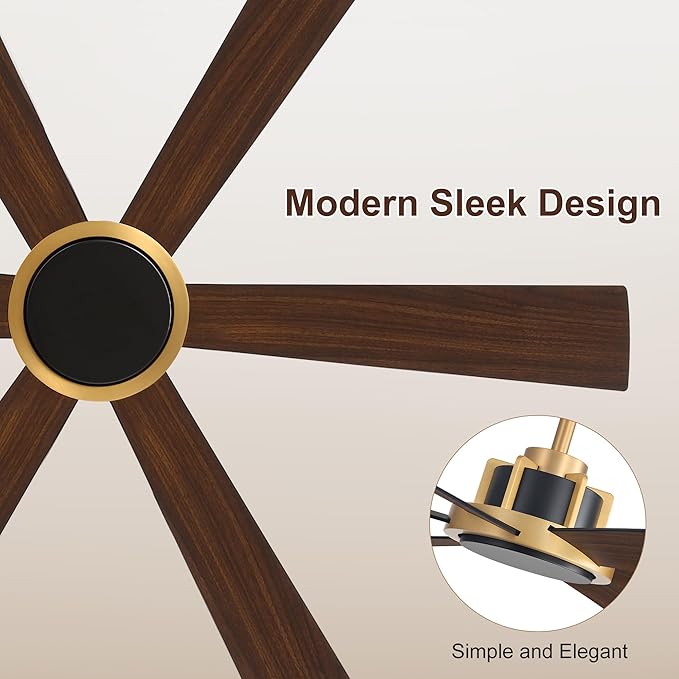WINGBO 60 Inch Ceiling Fan without Light - 6 Plywood Blades, 6-Speed Reversible DC Motor, Noiseless Remote Control Ceiling Fan No Light for Bedroom Living Room Kitchen, Gold and Walnut/Black