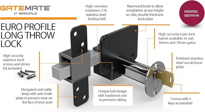 GateMate Long Throw Gate Lock, Euro Profile Keyed Both Sides Gate Lock for Sheds, Gates & Garage Doors, 316 Stainless Steel, for Wooden Gates & Doors Up to 2” Thick (50mm), Black, 5 Keys