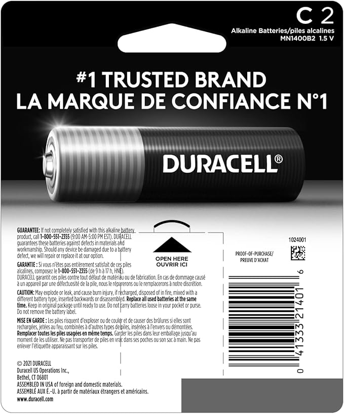 Duracell Coppertop C Batteries, 2 Count Pack, C Battery with Long-Lasting Power, All-Purpose Alkaline C Battery for Household and Office Devices (Pack of 5)