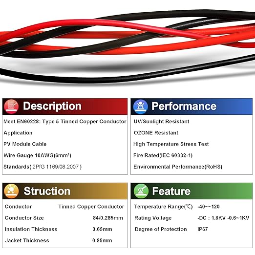 10 Gauge Wire - iGreely Solar Panel Wire 30Ft Black & 30Ft Red 10AWG(6mm²) Tinned Copper PV Wire UV Resistant Cable for Solar Panel MPPT Controller Boat Marine Automotive RV Outdoor