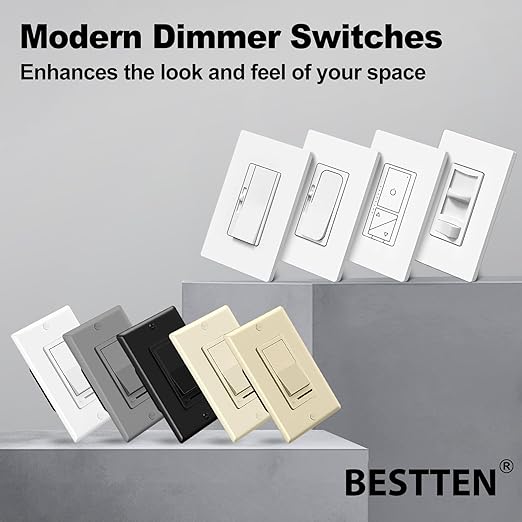 BESTTEN 10 Pack Dimmer Light Switch, Single Pole or 3-Way, Slide Dimmer Switches, Compatible with Dimmable LED, CFL, Incandescent and Halogen Bulb, Neutral Wire Not Required, 120VAC, UL Listed, White