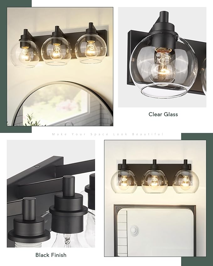 METWET Bathroom Light Fixtures, 3-Light Matte Black Vanity Light, Modern Wall Sconces with Clear Glass Globe Shade, Bathroom Wall Lights for Mirror Kitchen Bedroom Hallway, VL195-MB-3