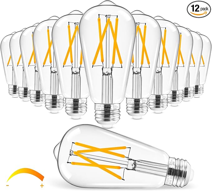 Hizashi Vintage LED Edison Bulb Dimmable, 6W Equivalent 60W, 2700k Warm White, E26 Base Led Light Bulbs, 700LM, High CRI 95+ Eye Protection, Clear Glass, Pack of 12