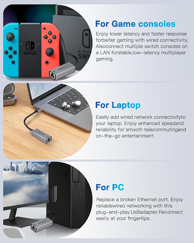 USB a to ethernet Adapter,USB gigabit 1000Mbps Plug and Play with USB 3.0, Driver Free, RJ45 LAN Network Dongle Compatible with Nintendo Switch, Laptop, PC, MacBook, Windows, macOS, Linux