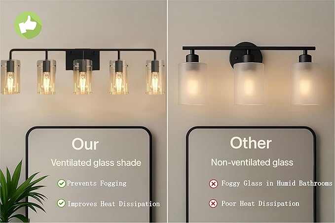 L LOHAS LED 5-Light Bathroom Light Fixtures, 33.85" Black Bathroom Vanity Light with Straight Glass Shades, Modern Vanity Lights for Bathroom Light Fixtures Over Mirror Living Room Hallway, E26, ETL
