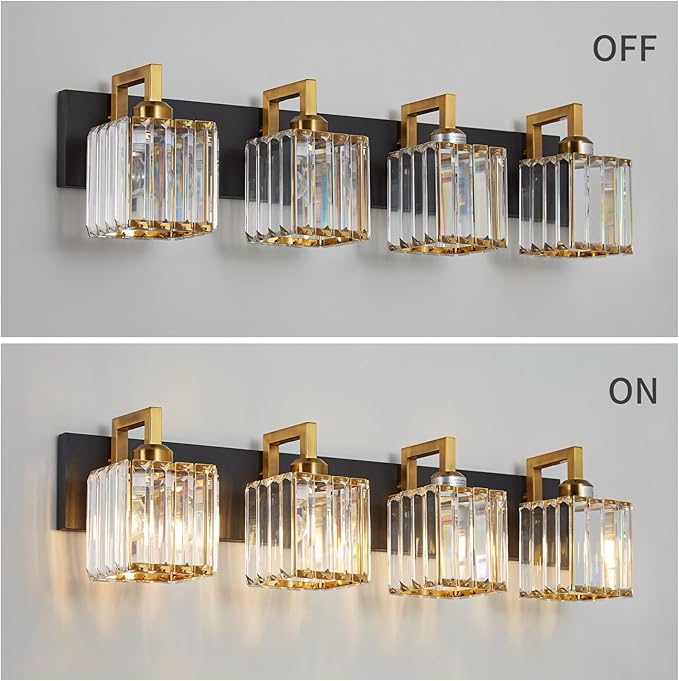 FDPBY Modern Bathroom Vanity Light 4-Lights Black Gold Crystal Wall Lamp Bathroom Modern Crystal Vanity Lighting