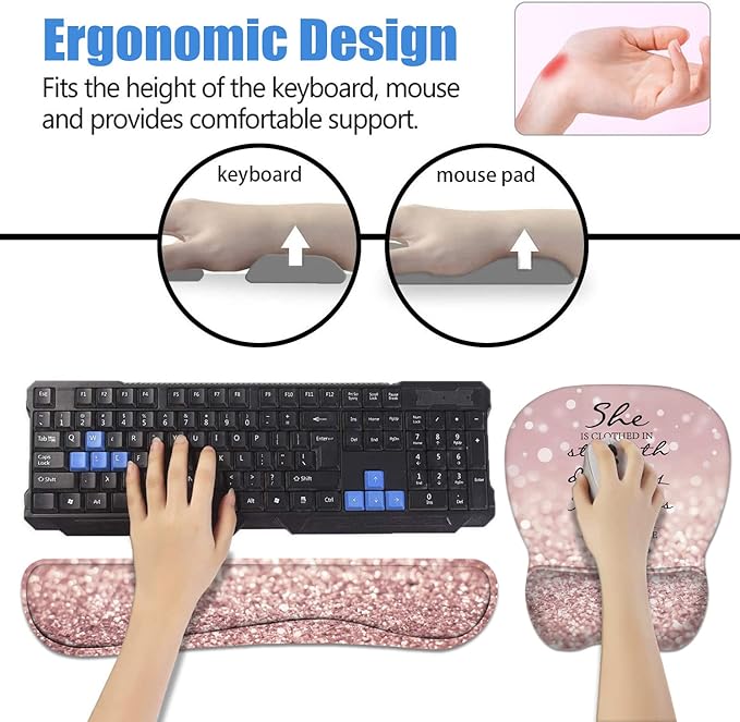 ERWYTYIOI Ergonomic Mouse Pad Wrist Support and Keyboard Wrist Rest Set with Coasters, Non-Slip PU Base, Easy Typing & Pain Relief for Computer Laptop Home Office, Bible Verses Proverbs 31:25