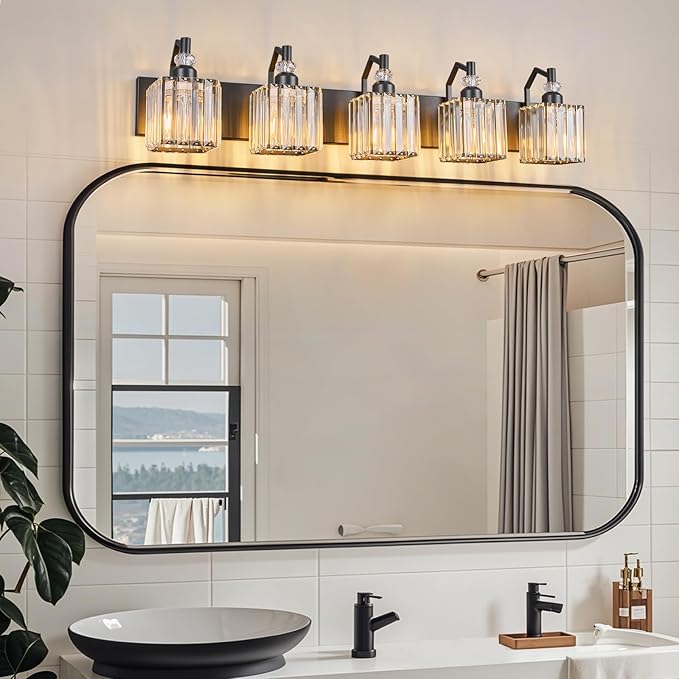BBLLWJ Crystal Vanity Lights - Black 5 Light Modern Bathroom Vanity Light Fixtures Over Mirror