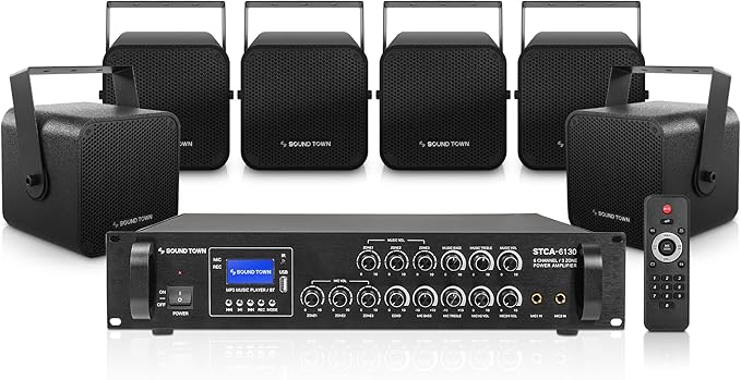 Sound Town Commercial Sound System with a 3-Zone Low-Impedance Bluetooth Amplifier, 6 x 5 Coaxial Wall-Mount Speaker Set for Indoor Installation, Black (STCA6130X6CM5B)