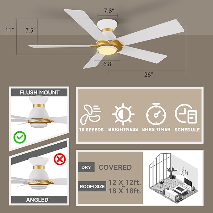 SMAAIR 52 Inch Smart Ceiling Fan with Light and Remote, Flush Mount Modern Ceiling Fan with lights,Compatible with Alexa/Google Assistant/Siri,Timer and Schedule,10 Speed DC Motor,White/Gold