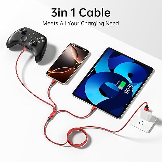 Multi Charging Cable, 4ft 2Pack Multi Phone Charger Cable Braided Universal 3 in 1 Charging Cord Extra Long Multiple USB Cable with USB C, Micro USB Port Connectors for Cell Phones and More（Red+Black)