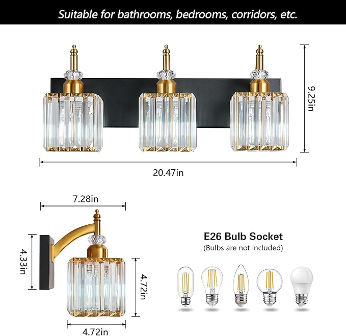 BBLLWJ Modern Bathroom Vanity Light 3-Light Black and Gold Crystal Light Fixtures Over Mirror for Bathroom Wall Sconce