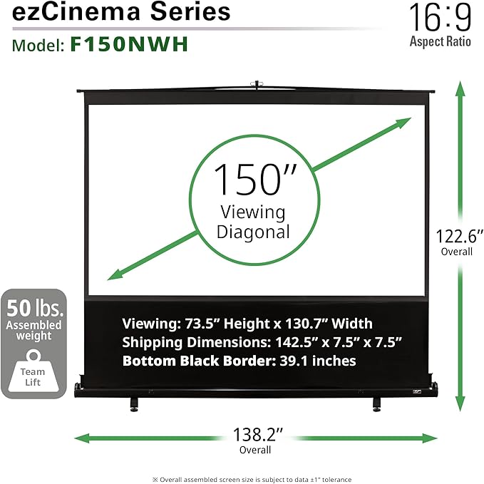 Elite Screens ezCinema Series, 150-INCH 16:9, Manual Pull Up Projector Screen, Movie Home Theater 8K / 4K Ultra HD 3D Ready, 2-YEAR WARRANTY, F150NWH
