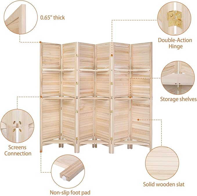 Bonnlo 6 Panels Wood Room Divider with Shelves, 6 FT Height Folding Privacy Screens, Indoor Freestanding Room Partition Wall Divider, Hinged Space Separator (Natural, 6 Panel)