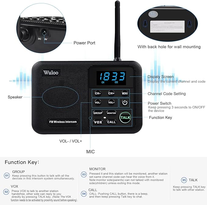 Wuloo Intercoms Wireless for Home 1 Mile Range 22 Channel 100 Digital Code Display Screen, Wireless Intercom System for Home House Business Office, Room to Room Intercom Communication(3Stations Black)