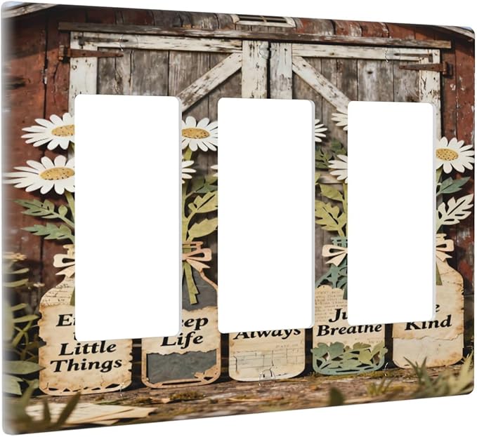 Bvtewkhz Rustic Daisy Barn Door Flowers 3 Gang Triple Rocker Decorative Light Switch Covers Electrical Faceplate Switch Plates for Bathroom Kitchen Home