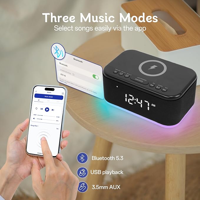 Bluetooth Alarm Clock Radio Bedroom, Digital Dual Alarm Clock Bedroom, Up to 10 Alarms Clock Night Light Speaker App/Button Control FM Charge Snooze Adjustable Brightness Dim 12/24H, Matte Black