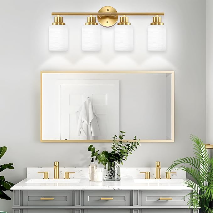 Guliaofo 4-Light Vanity Lights, Brushed Gold Bathroom Light Fixture with Striped Textured Milky White Glass Shade, Modern Vanity Lighting Fixture for Bathroom Wall Light Over Mirror, E26 Wall Sconce
