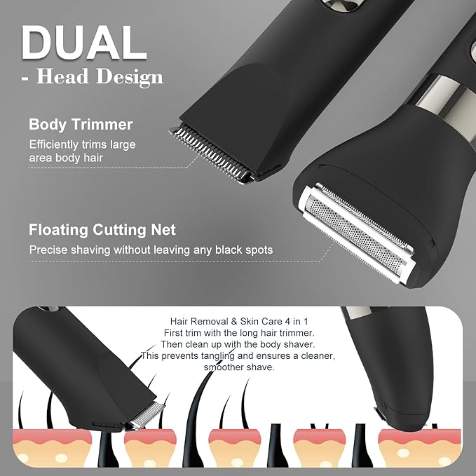 Hatteker 4 in 1 Multifunctional Dual - Head Body Hair Trimmer for Men, IPX7 Waterproof Groin & Body Hair Groomer, Rechargeable Body Electric Shaver Razor