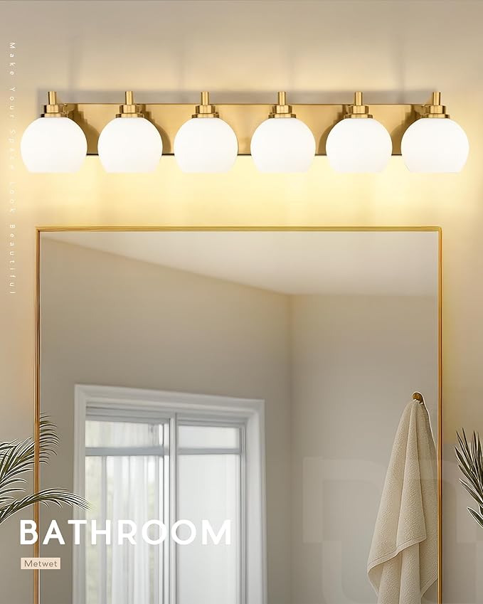 METWET Bathroom Light Fixtures, 6-Light Brushed Gold Bathroom Vanity Lights Over Mirror with Globe Milk White Glass Shade, 38 Inch Modern Vanity Lighting Fixtures, VL195-BG-ML-6