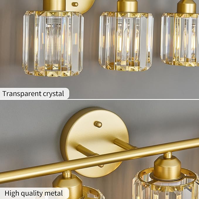 FDPBY Modern 4 Light Crystal Vanity Light, Gold Vertical Bathroom Light Fixture Over Mirror for Dressing Table Sink, Compatible with Dimmable Bulbs (Bulbs Not Included)