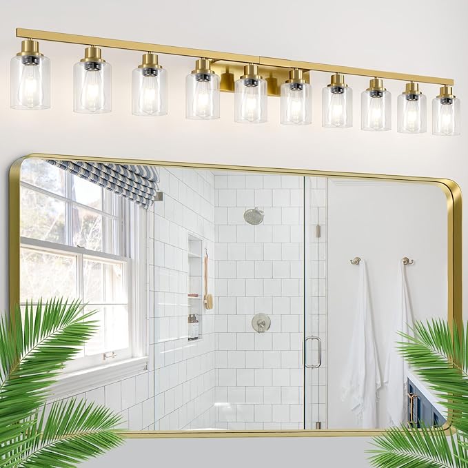 DIKAIDA Gold Bathroom Vanity Light,10-Light Brushed Gold Bathroom Light Fixtures with Clear Glass,64.5in Wall Lamp Sconces for Mirror Bedroom,Living Room Hallway,E26